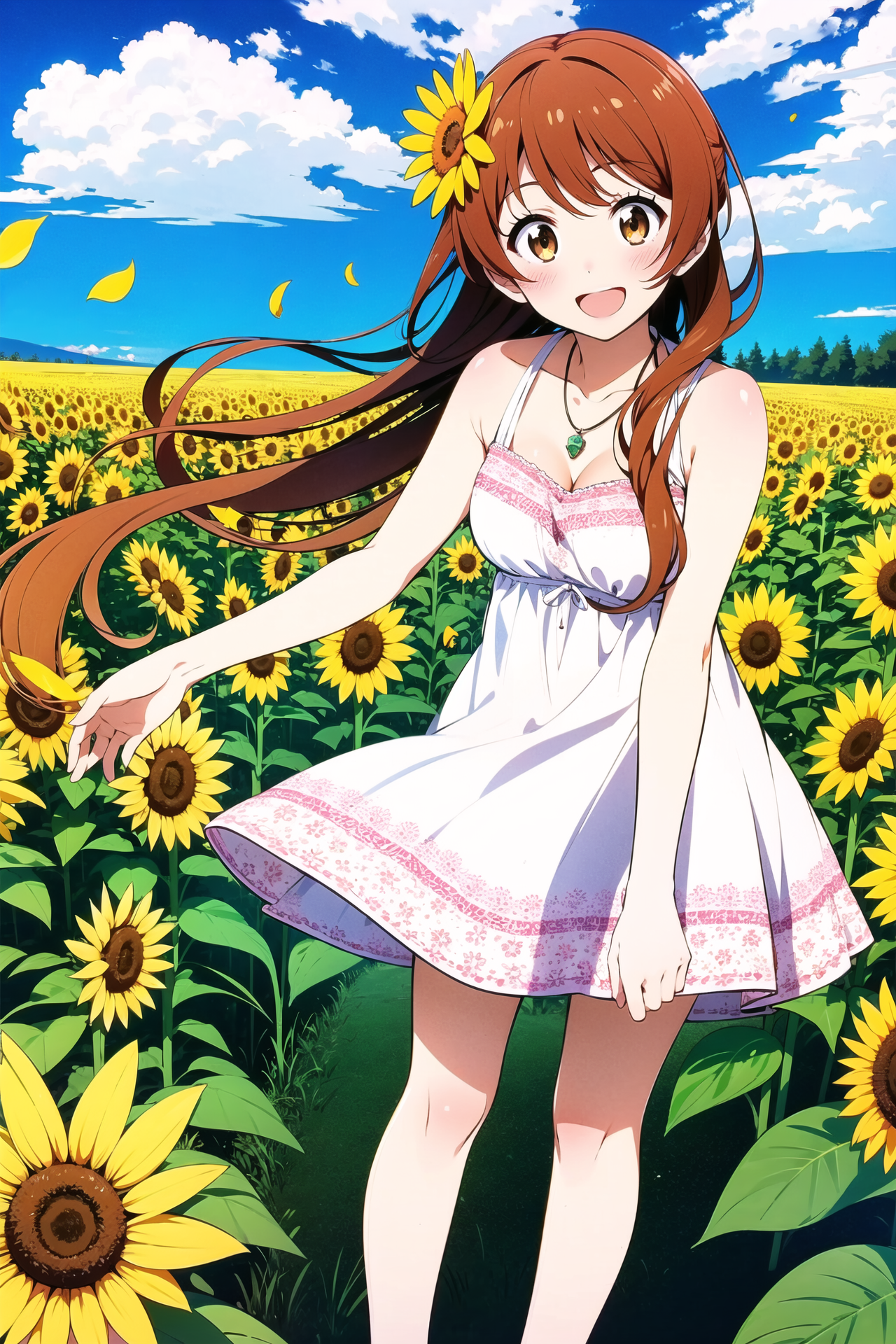 17926-667566754-Tachibana Marika, 1girl, flower, dress, brown hair, hair ornament, hair flower, solo, field, sunflower, long hair, open mouth, s.png